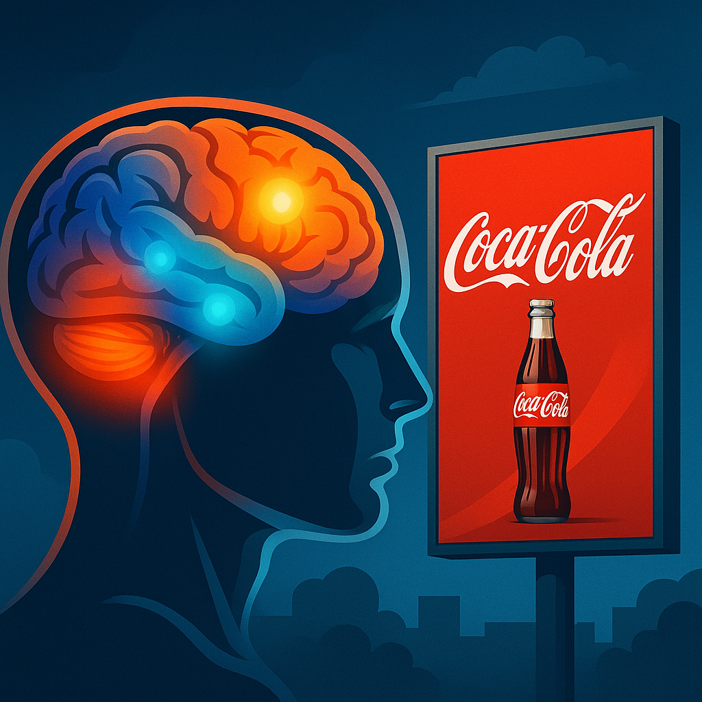  Representación del neuromarketing mostrando cómo un anuncio exterior activa el cerebro del consumidor.