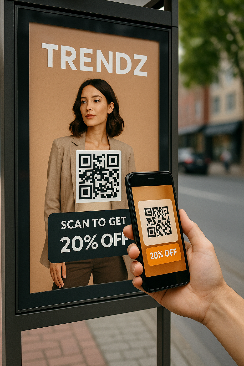 Escaneo de código QR en publicidad exterior que dirige a una compra en el móvil.