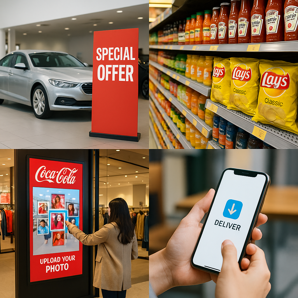 Ejemplos de publicidad exterior aplicada a distintas industrias: automotriz, consumo masivo, retail y servicios digitales.